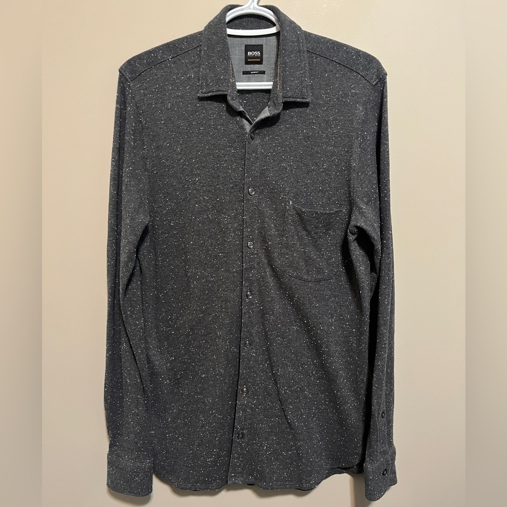 Hugo Boss Slim Fit Charcoal Speckled Button Down Shirt, size S